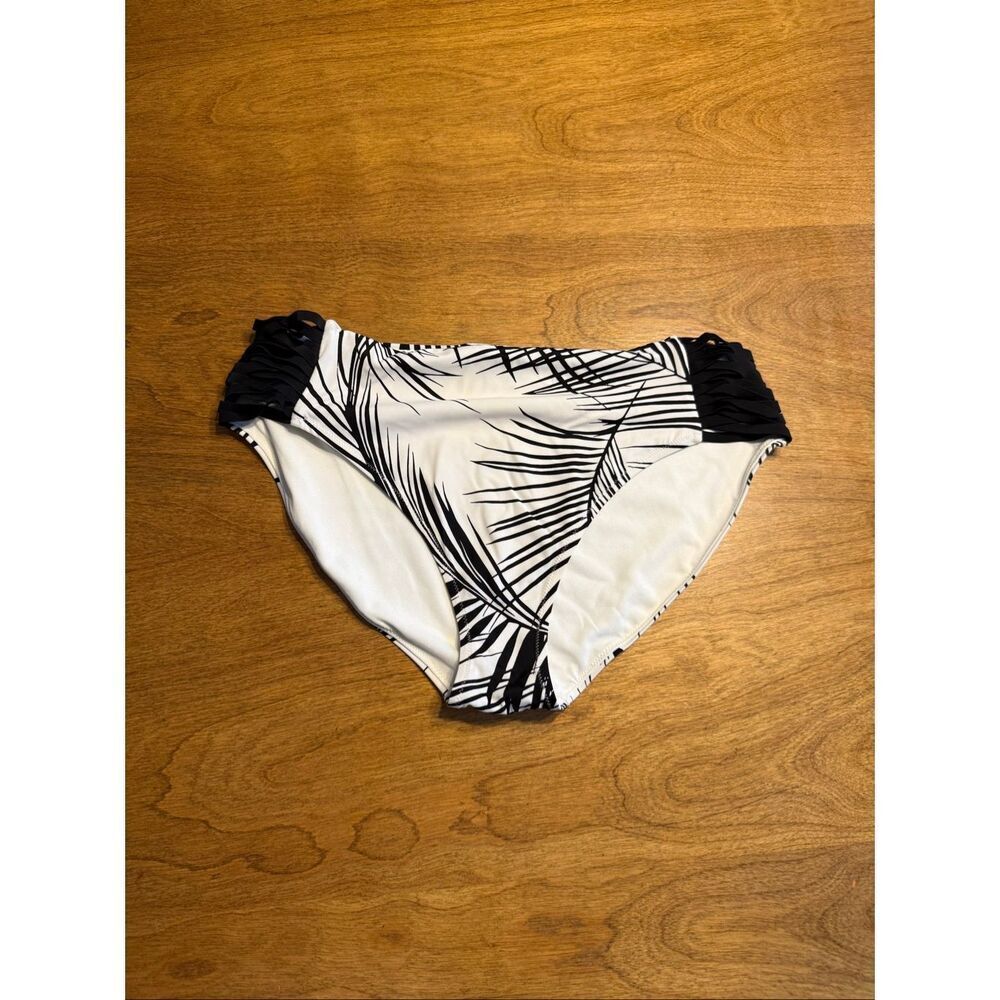 Athleta Women's Palm Leaf Print Criss-cross Sides Bikini Bottom Black White XL
